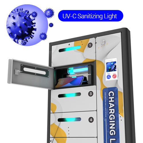 A bay within the ZEN Outdoor Charging Locker by Pagertec reveals its disinfecting light