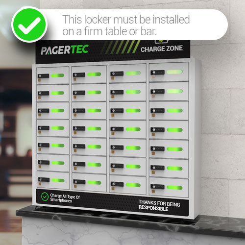 Frontal view of the Cubby 28 Bay Cell Phone Charging Locker by Pagertec