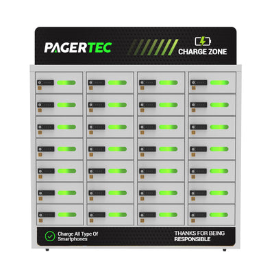 Frontal view of the Cubby 28 Bay Cell Phone Charging Locker by Pagertec